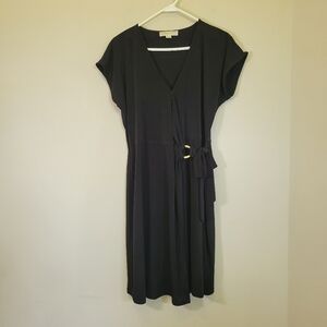 Michael Kors V-Neck Faux Wrap Dress LBD Black Cap Sleeve womens large
